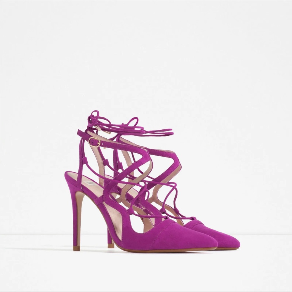 SOLD!! ZARA TRAFALUC Women Fuchsia Magenta Pink Suede Ankle Heel Shoes 37 6.5 US - Picture 6 of 10